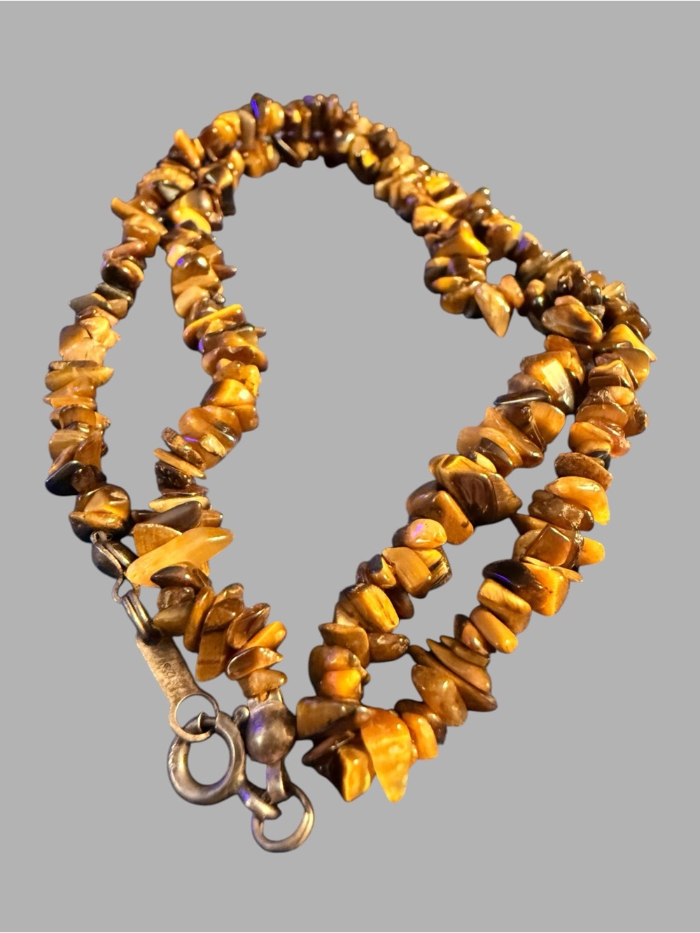 Vintage Tiger’s Eye Chip Stone Necklace 16” 925 Sterling Silver Clasp
